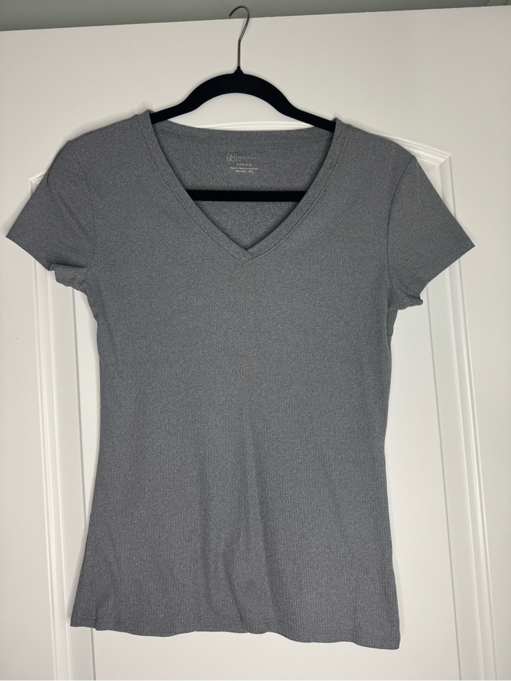 V-Neck Ribbed Short Sleeve Women's Top - Gray